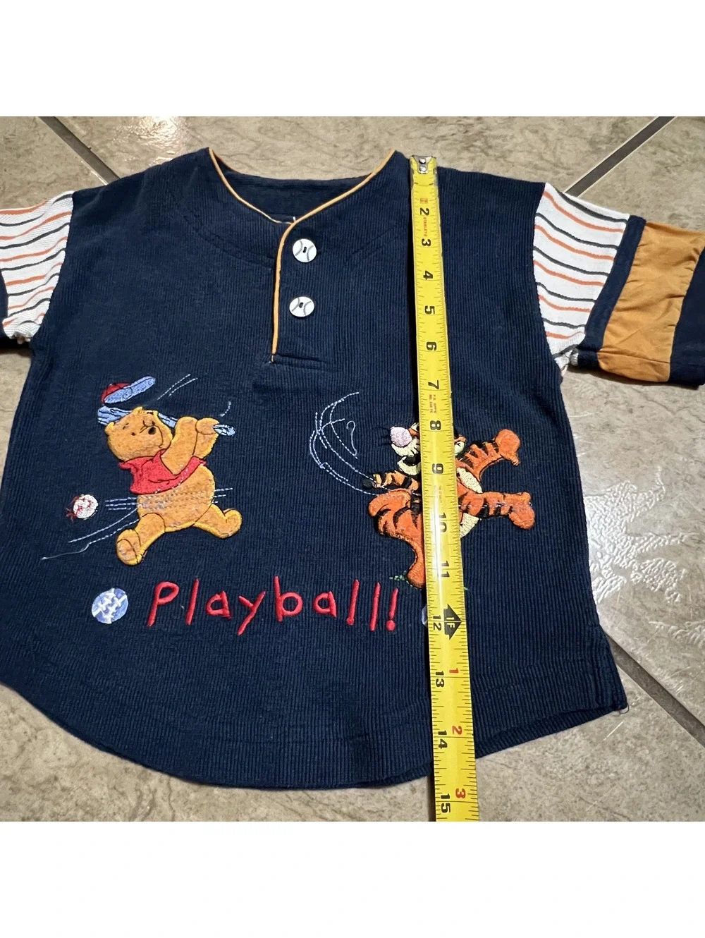 Vtg Winnie the Pooh Embroidered Patched Playball Baseball Henley Button Shirt 3T